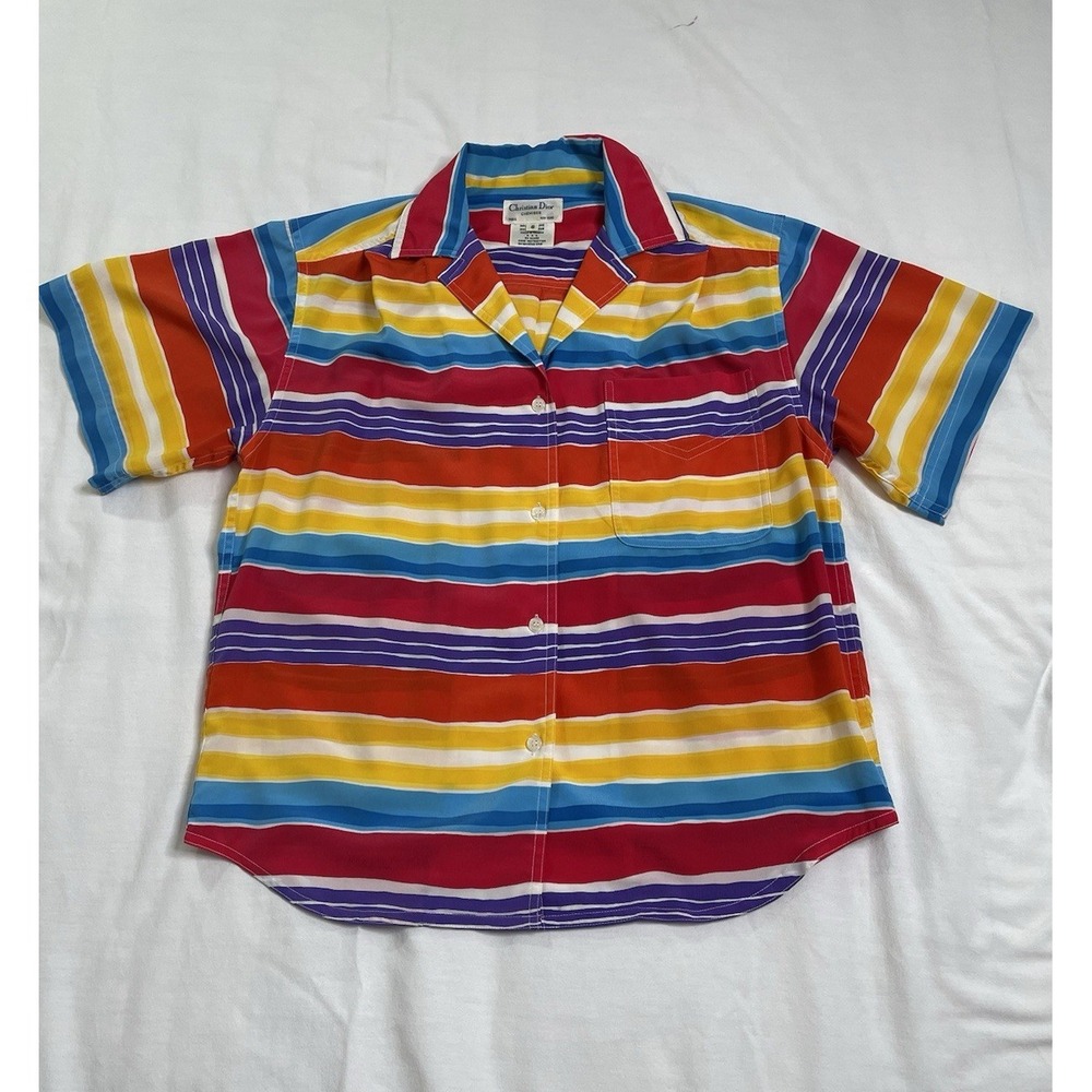 Christian Dior Chemises Retro Blouse Womens Size 6 Summer Stripes Eclectic Top
